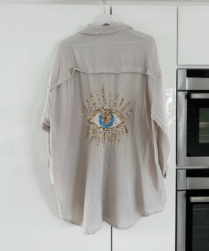 Damen Oversize Bluse aus Musselin mit Glitzerdetail Beige