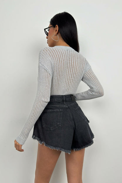 Graue Damenbluse Gerippt Transparent