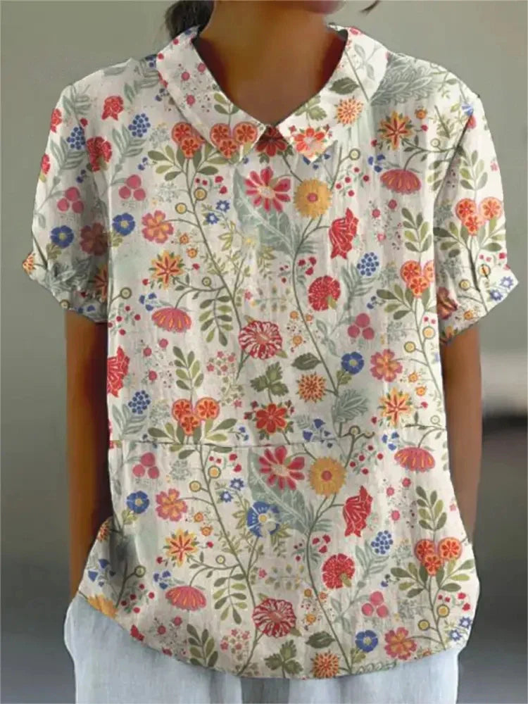 Damen Blumendruck Hemd Sommer Leicht Baumwolle Weiss