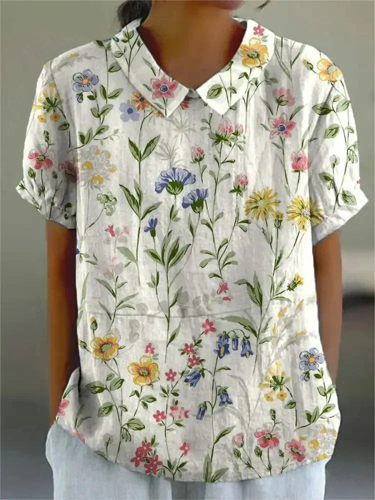 Damen Blumendruck Hemd Sommer Leicht Baumwolle Weiss - Norvielle