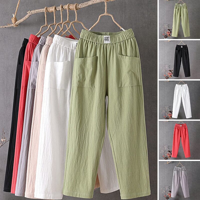 Lässige Damen Leinenhose Baumwoll Elastischer Bund Beige - Norvielle