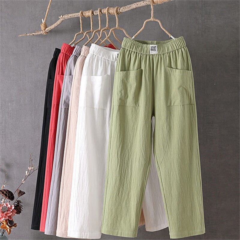 Lässige Damen Leinenhose Baumwoll Elastischer Bund Beige