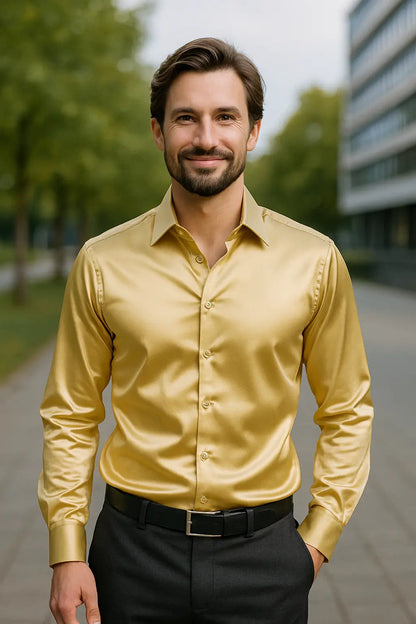 Herren Slim-Fit Langarmhemd aus Satin Elegantes Design Schwarz - Norvielle