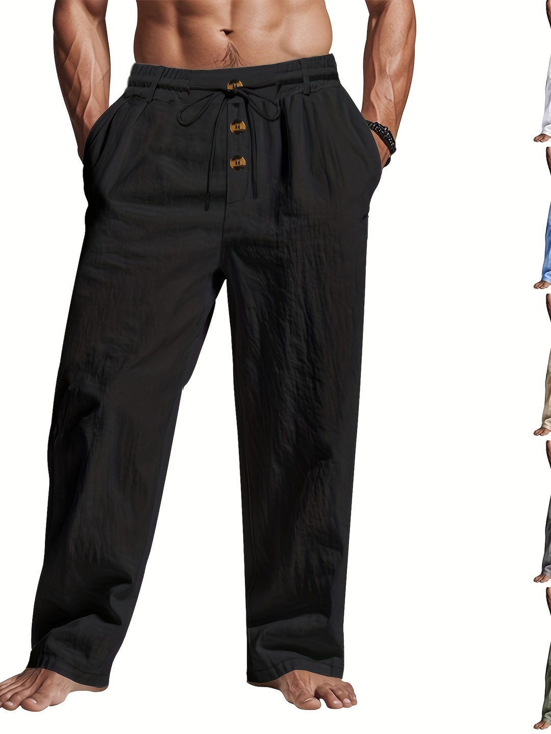 Herren Leinenhose Atmungsaktiv Mit Knopfverschluss Sommer Beige