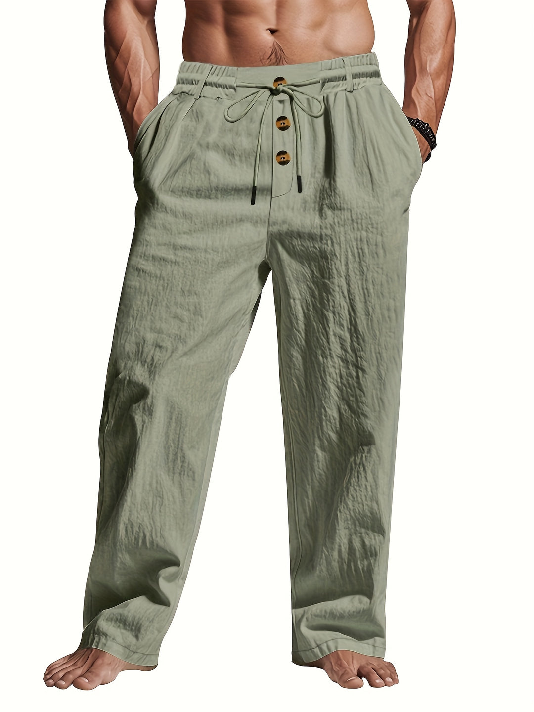 Herren Leinenhose Atmungsaktiv Mit Knopfverschluss Sommer Beige