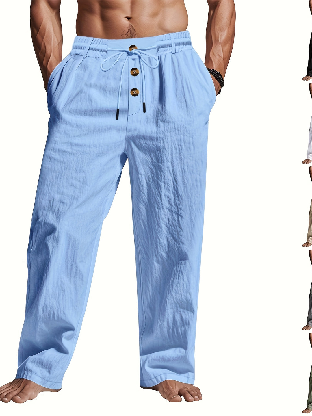 Herren Leinenhose Atmungsaktiv Mit Knopfverschluss Sommer Beige