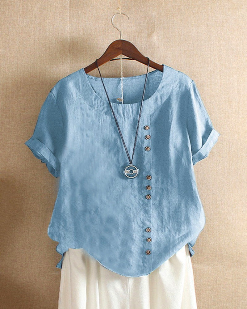 Damen Bluse Kurzarm Zierknöpfe