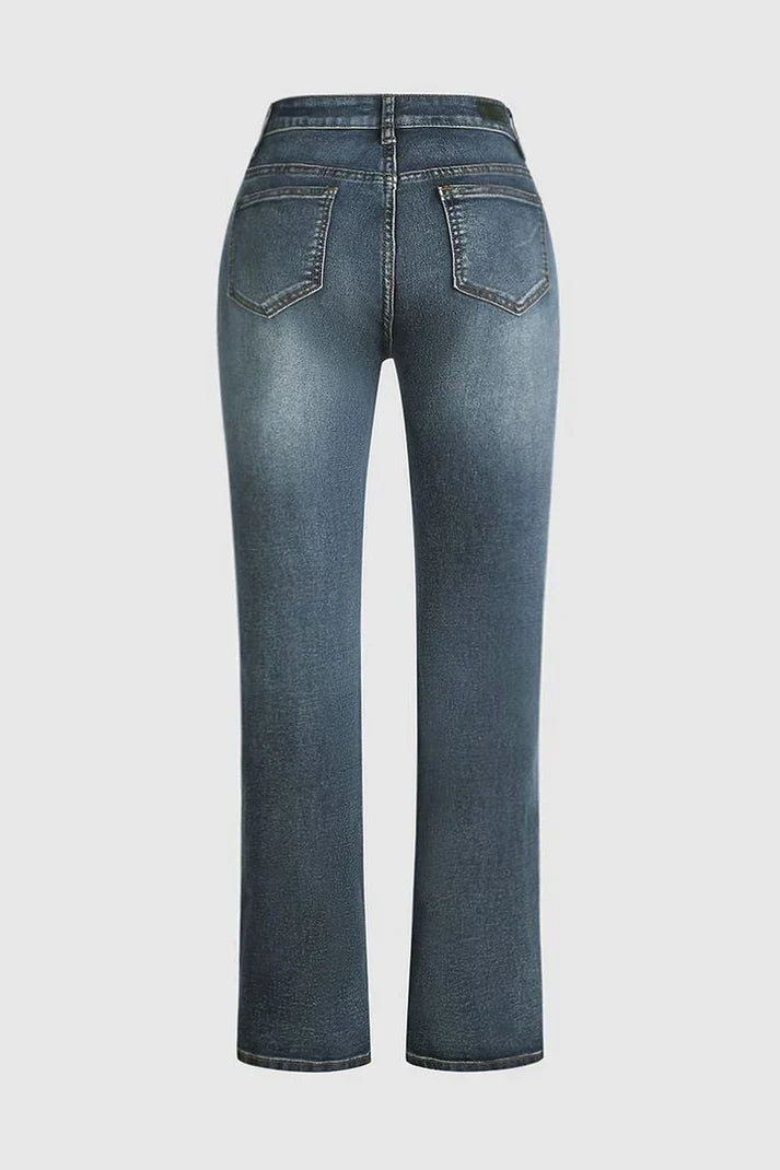 Norvielle Damen Jeans Mittel Taille Flamingo Bestickt