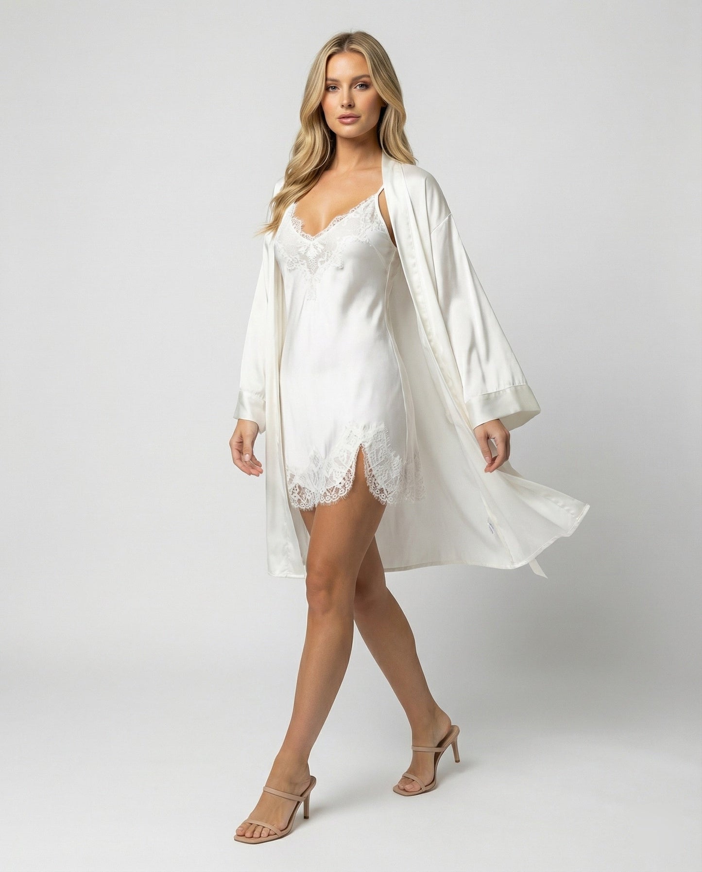 Damen Satin Nachtwäsche Set mit Spitze