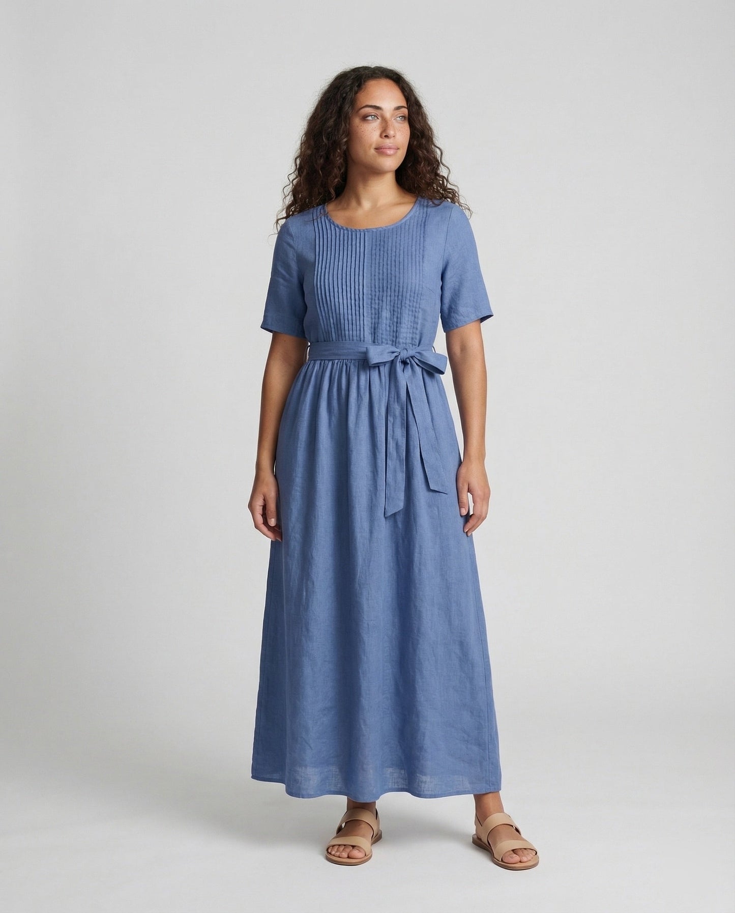 Damen Maxikleid Leinen mit Gürtel