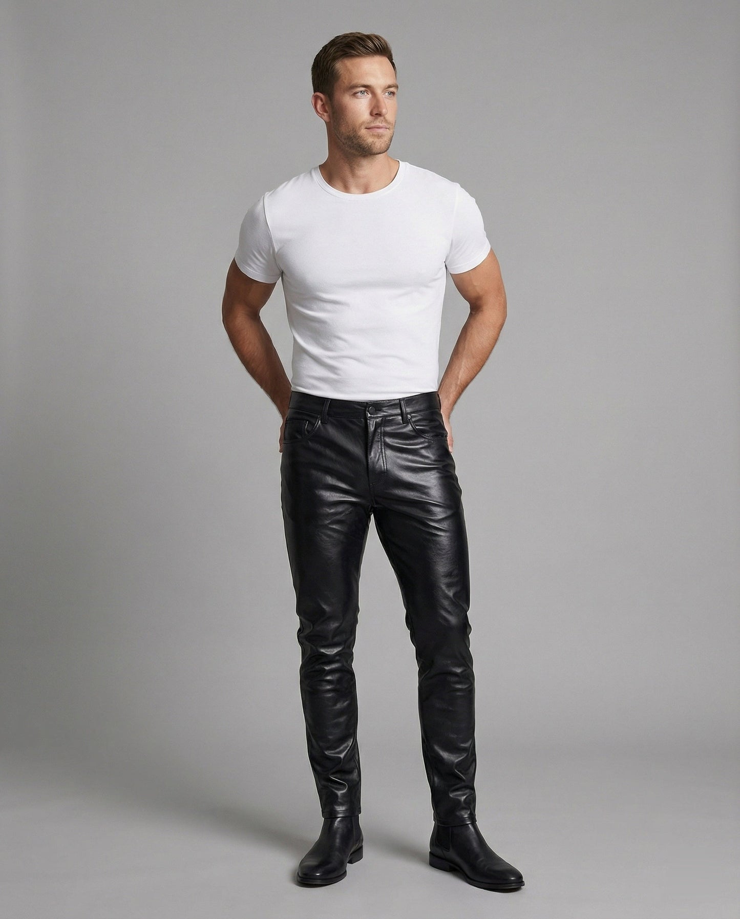 Herren Slim-Fit-Hose Kunstleder Steppdetails