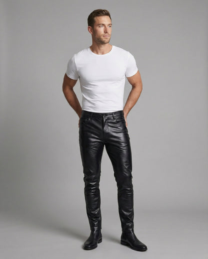 Herren Slim-Fit-Hose Kunstleder Steppdetails