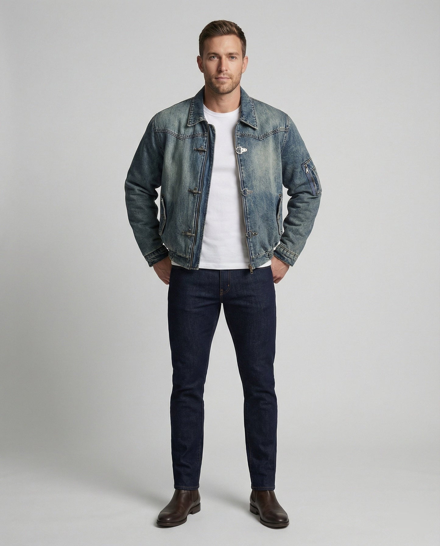 Herren Jeansjacke Bomber Teddyfutter