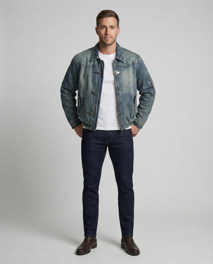 Herren Jeansjacke Bomber Teddyfutter