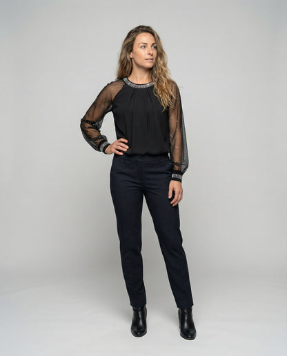 Damen Langarmbluse Schwarz Festlich - Norvielle
