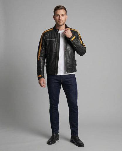 Herren Lederjacke Stehkragen Motorrad