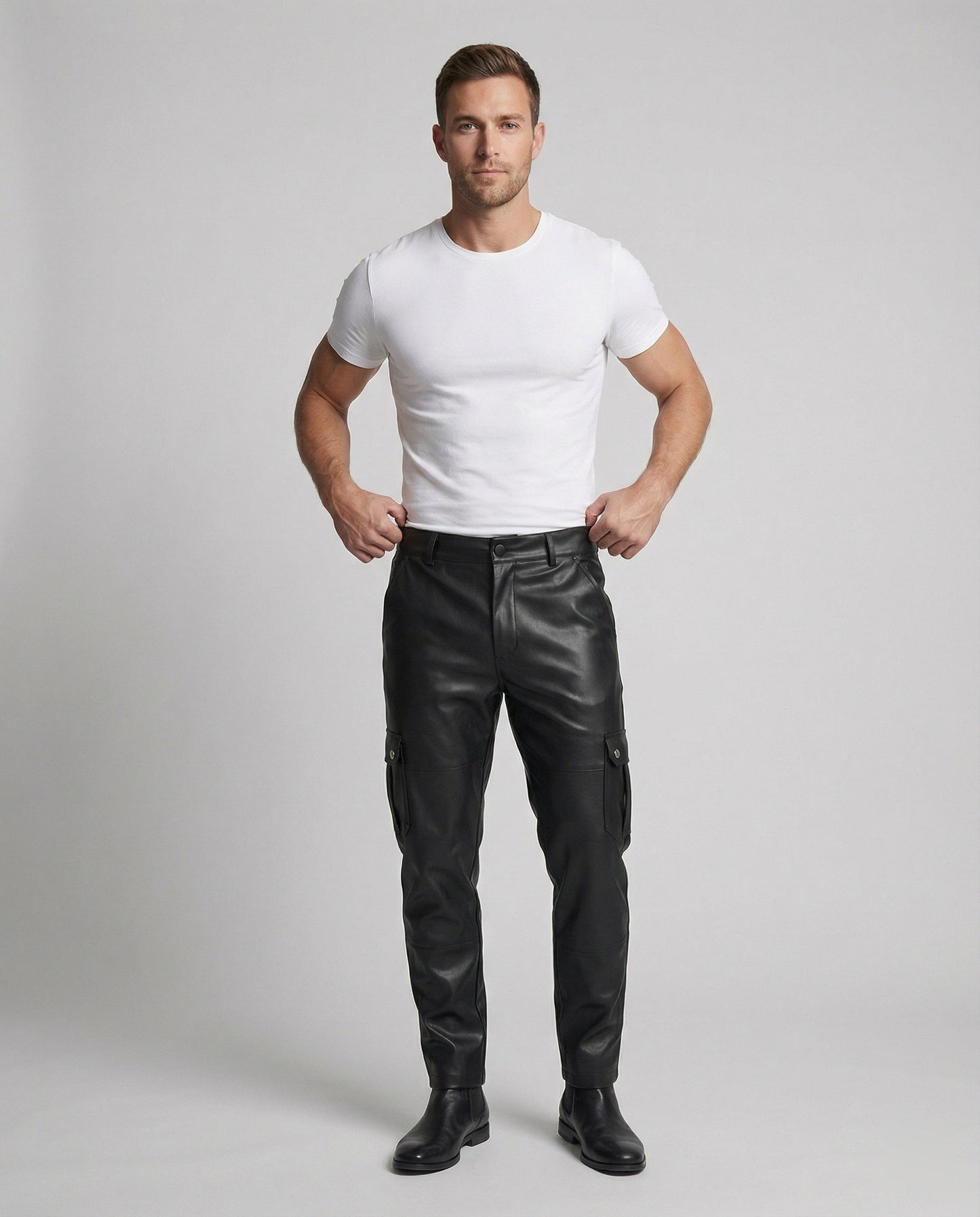 Herren Cargo-Hose Kunstleder Mit Seitentaschen