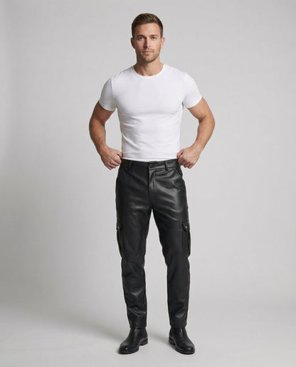 Herren Cargo-Hose Kunstleder Mit Seitentaschen