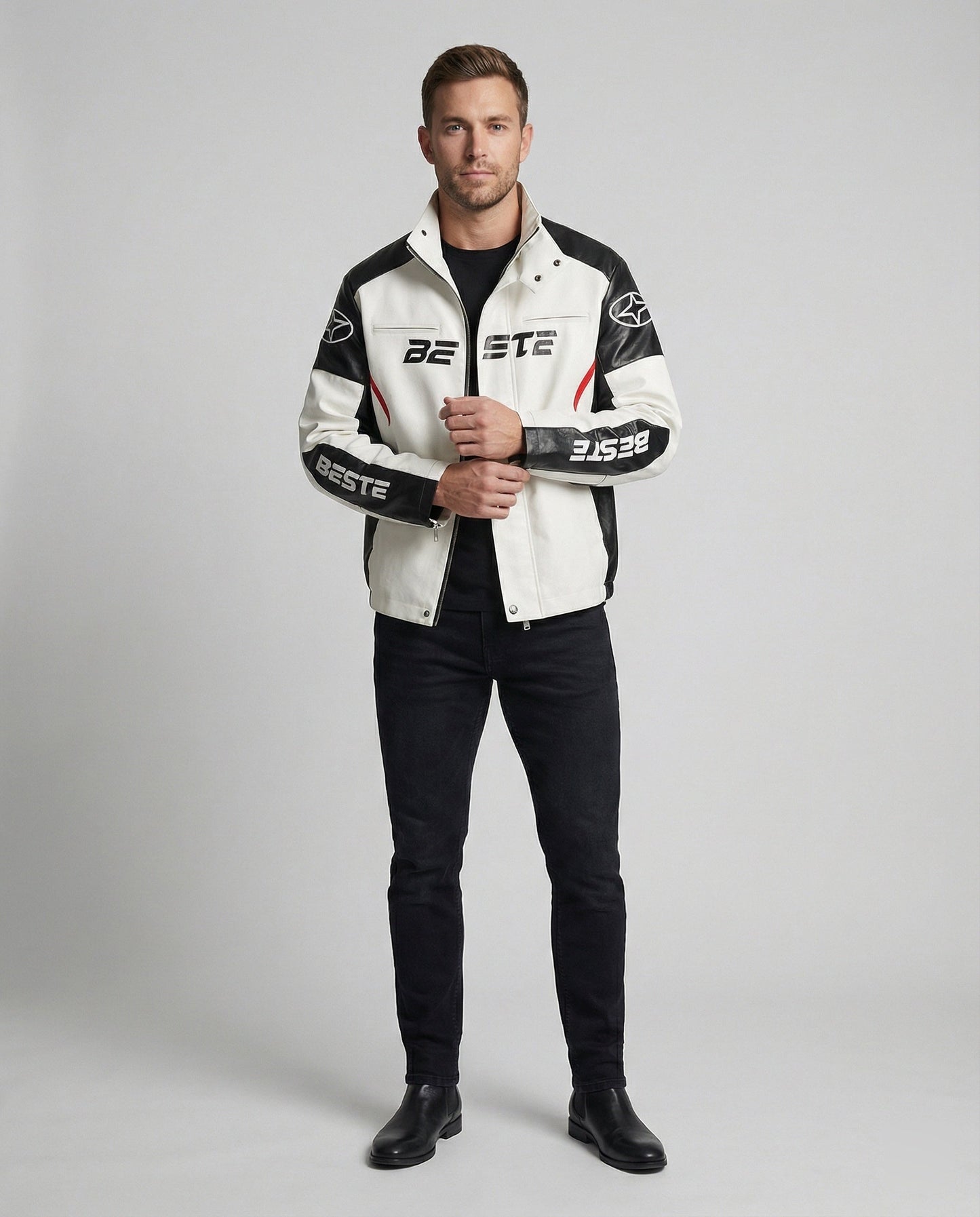 Herren Lederjacke Kunstleder Rennradjacke