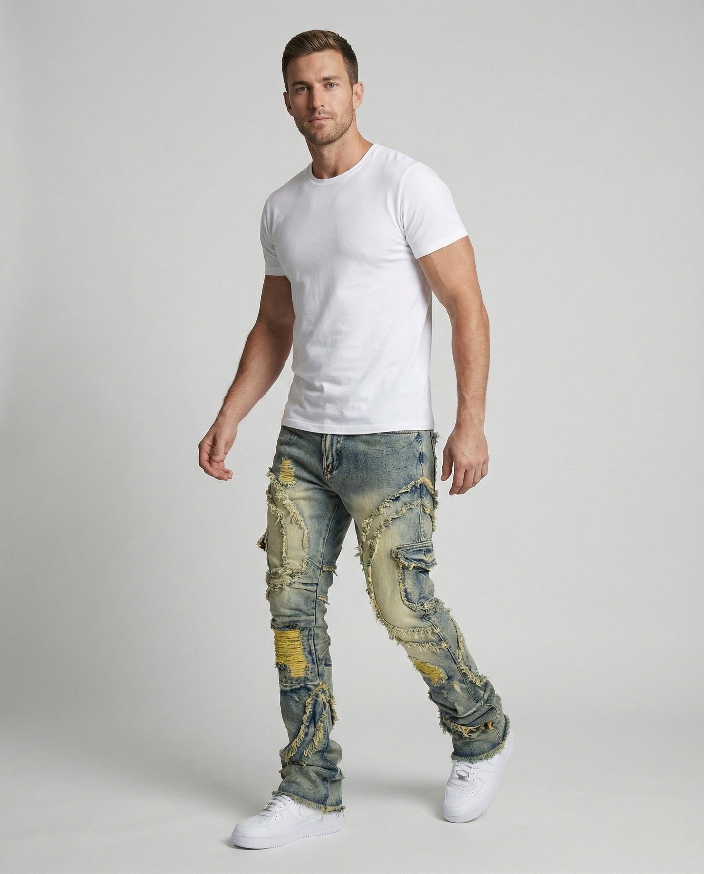 Herren Destroyed Jeans Cargotaschen Dunkelblau