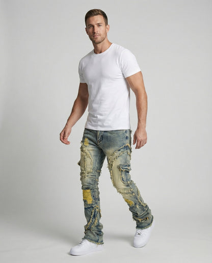 Herren Destroyed Jeans Cargotaschen Dunkelblau