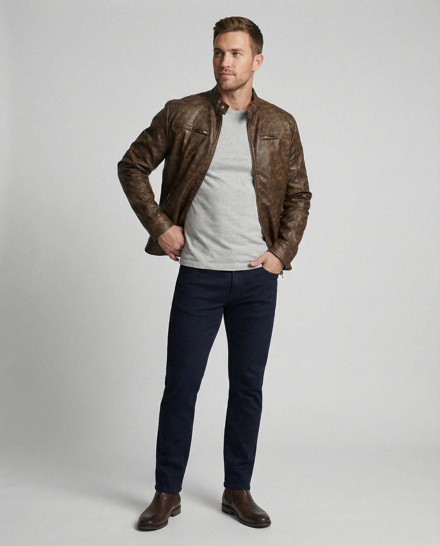 Herren Lederjacke Asymmetrisch Vintage Stil