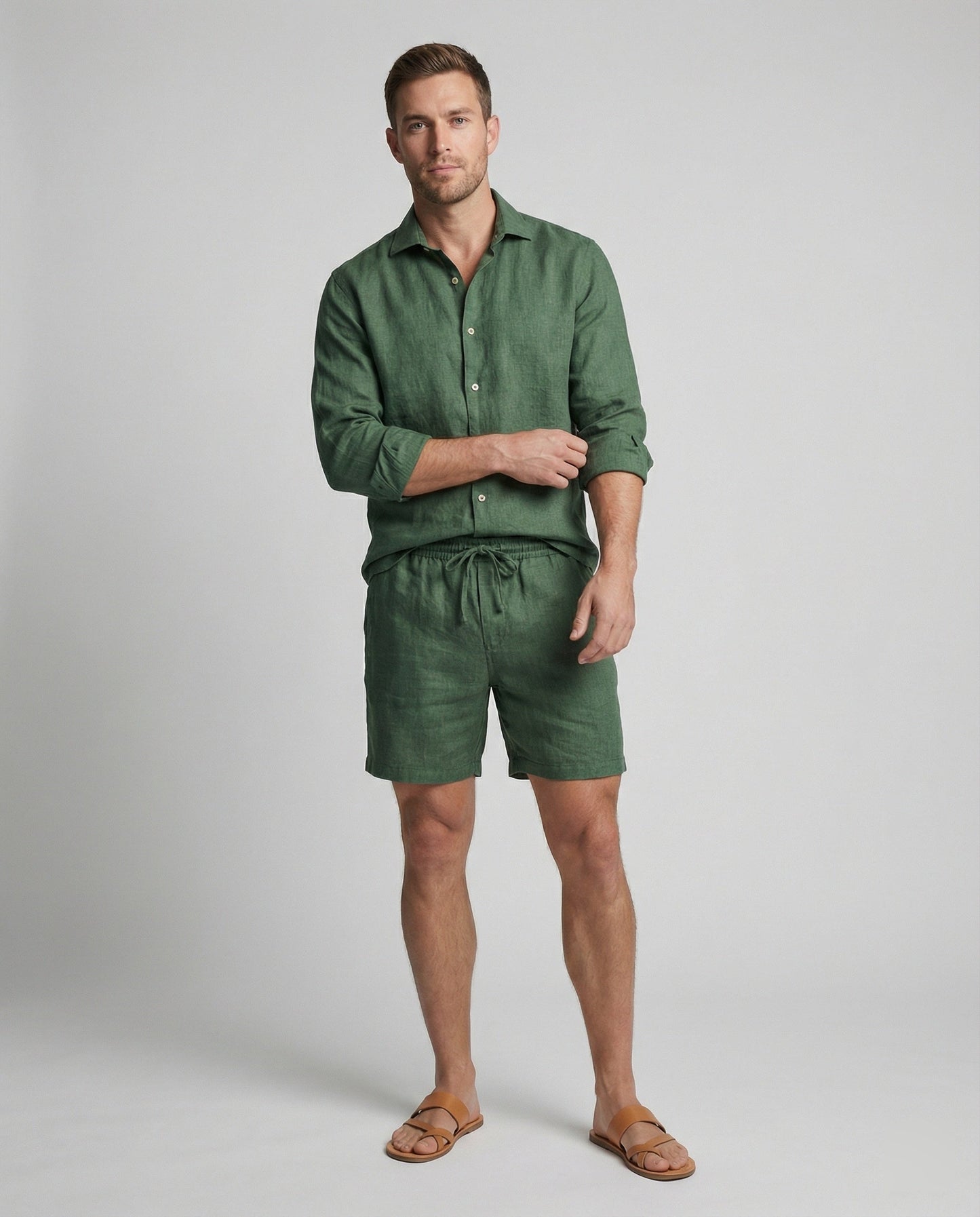 Herren Leinen Zweiteiler Hemd Shorts Beige