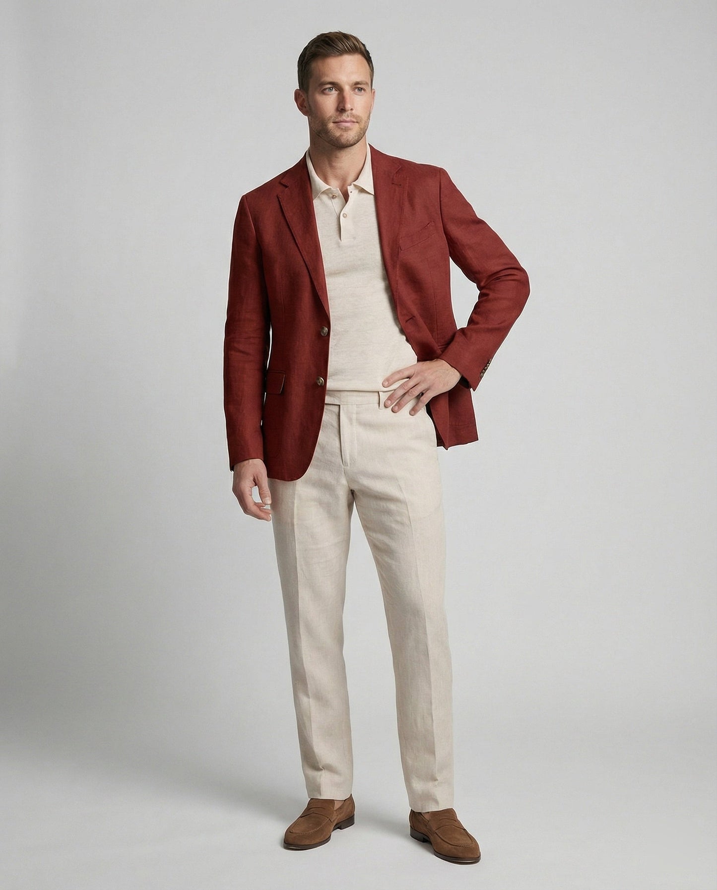 Herren Leinen Sakko Ein-Knopf-Modell Beige Sommer