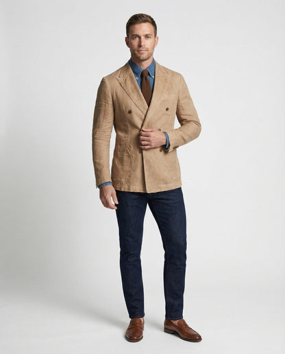 Herren Leinenblazer Doppelreiher Beige