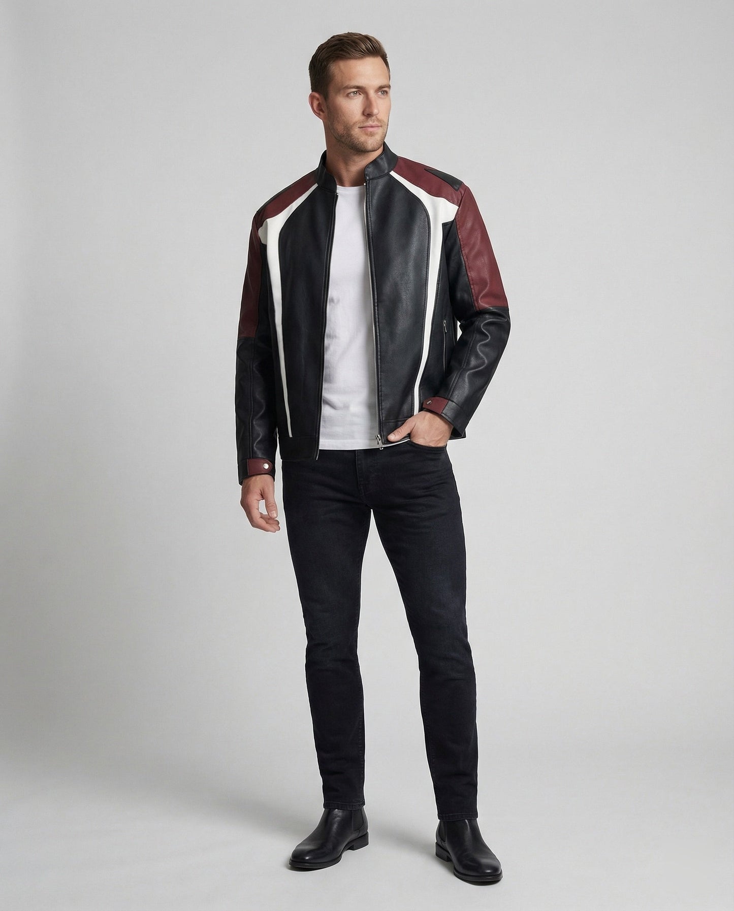 Herren Lederjacke Stehkragen Panelleder