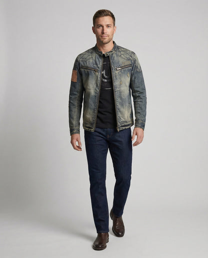 Herren Bikerjacke Stehkragen Jeans
