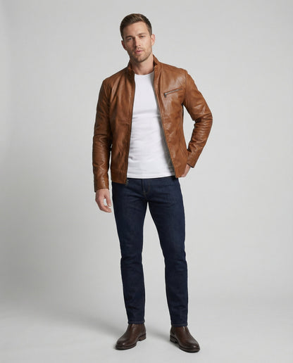 Herren Kunstlederjacke Stehkragen Modern