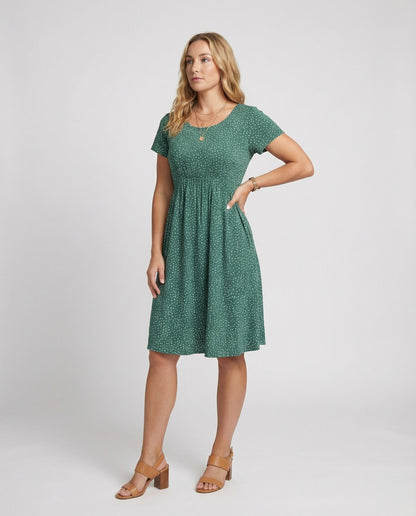 Damen Midikleid Grünes Punktmuster Kurzärmlig - Norvielle