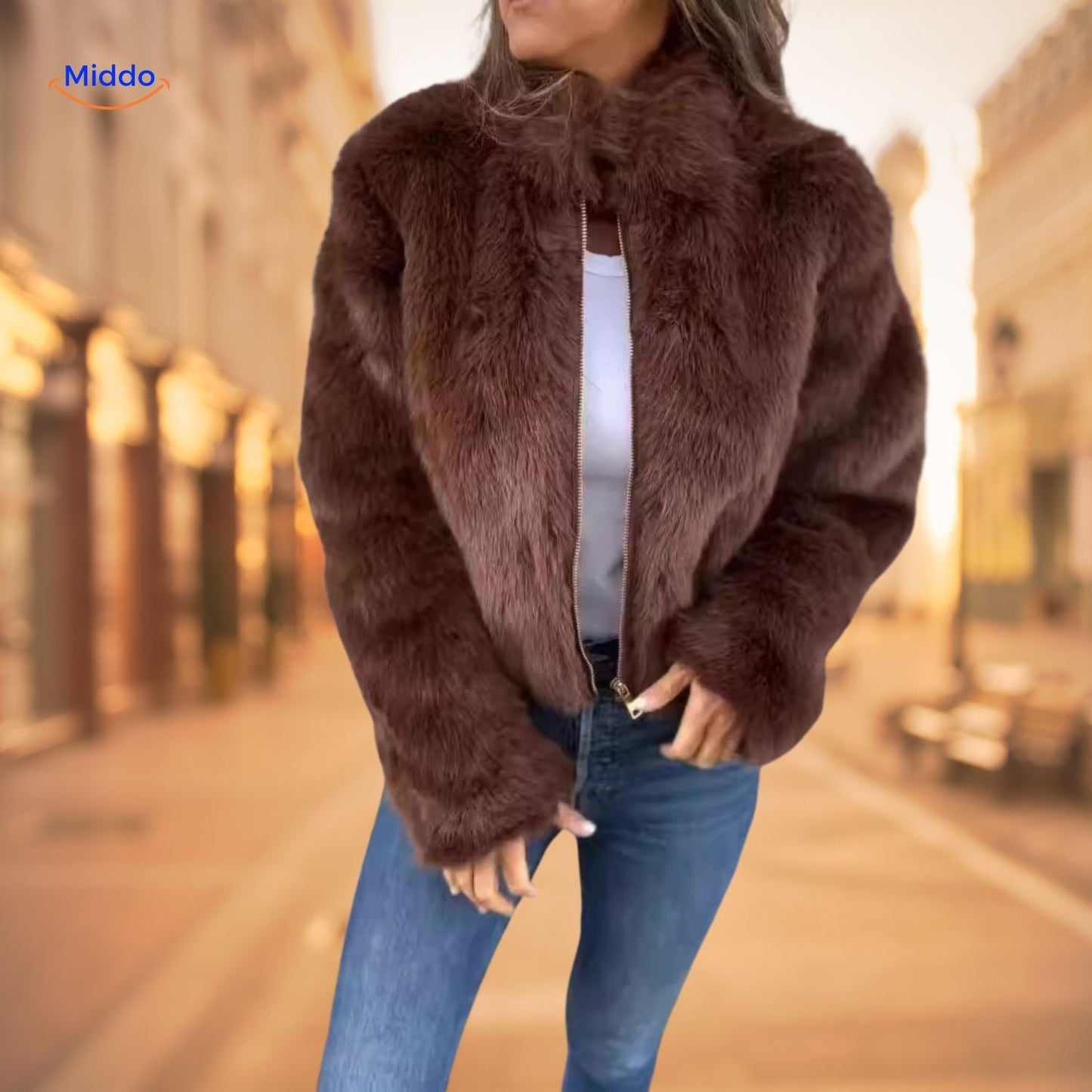 Damen Kunstpelzjacke Modern Hochkragen Elegante