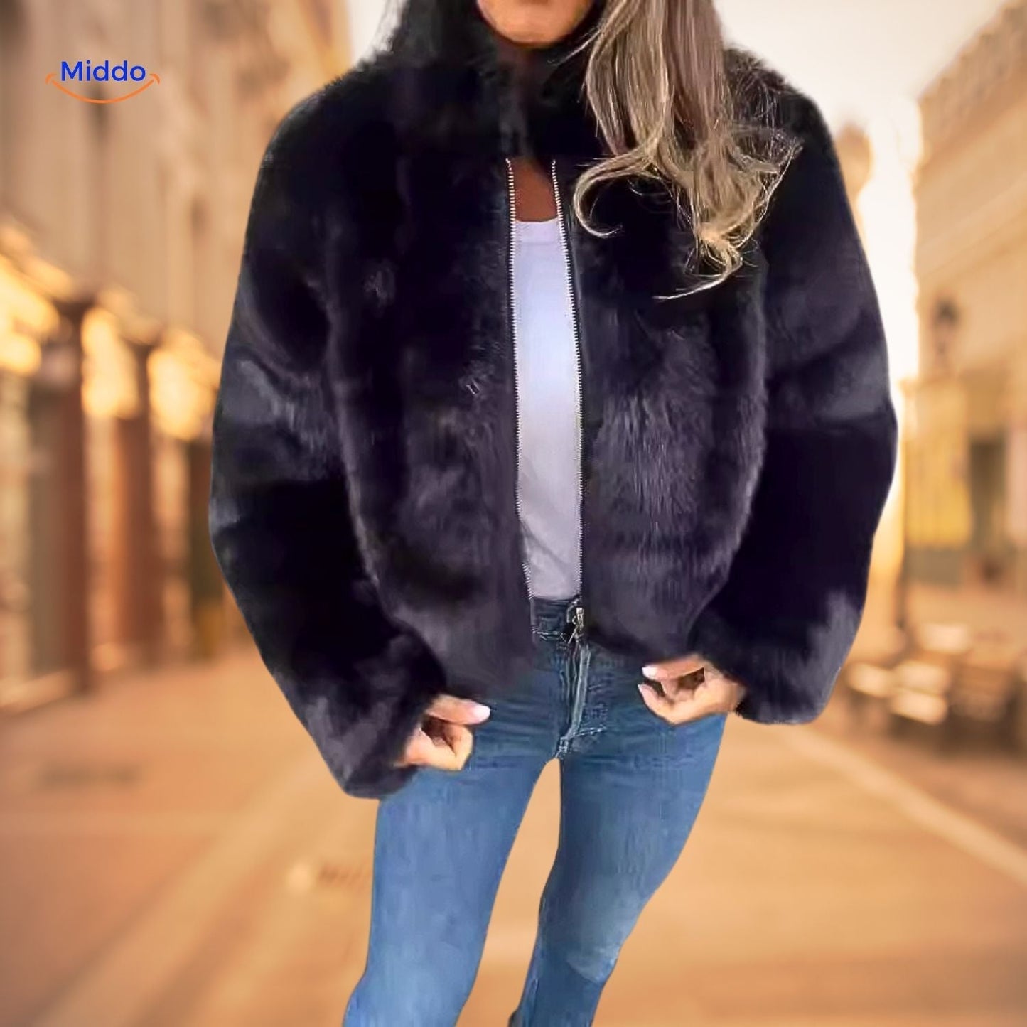 Damen Kunstpelzjacke Modern Hochkragen Elegante Schwarz - Norvielle