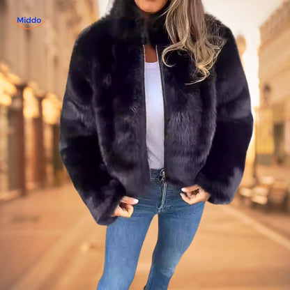 Damen Kunstpelzjacke Modern Hochkragen Elegante Schwarz - Norvielle