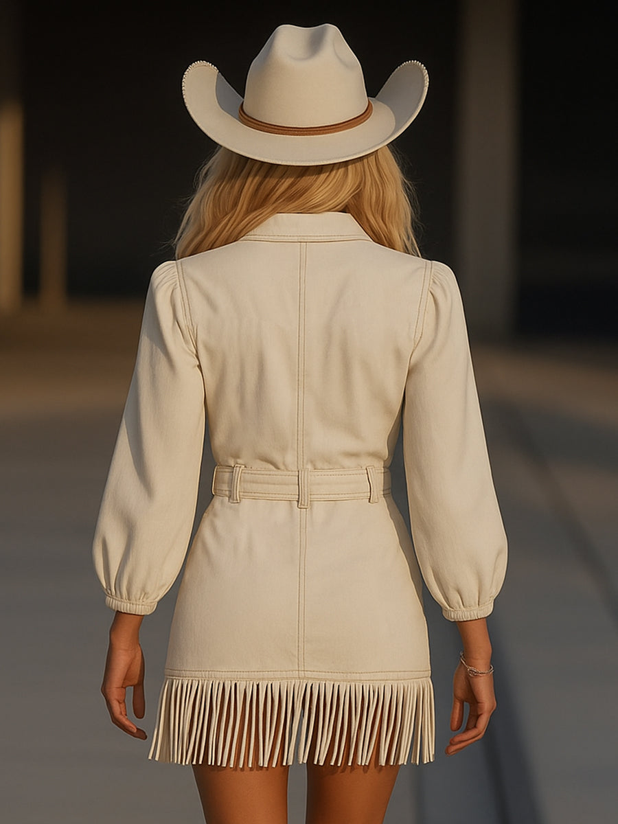 Damen Langarm-Kleid mit Fransen und Gürtel