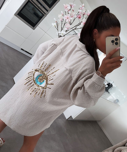 Damen Oversize Bluse aus Musselin mit Glitzerdetail Beige