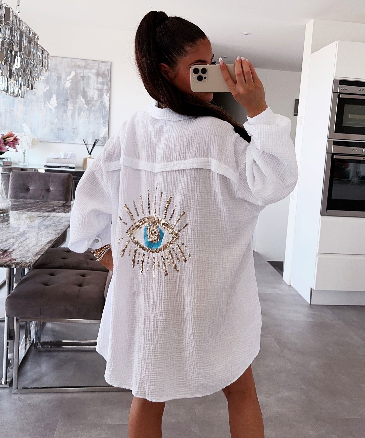Damen Oversize Bluse aus Musselin mit Glitzerdetail Weiß