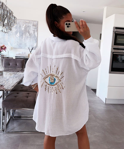 Damen Oversize Bluse aus Musselin mit Glitzerdetail Weiß