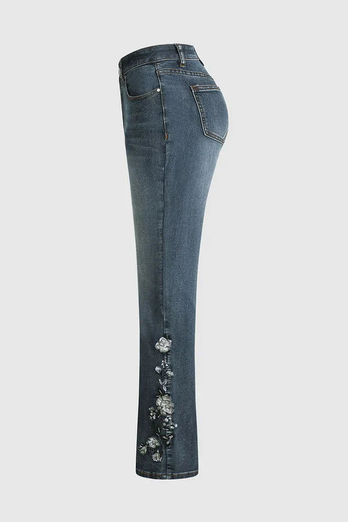 Norvielle Damen Jeans Mittel Taille Flamingo Bestickt Blau - Norvielle