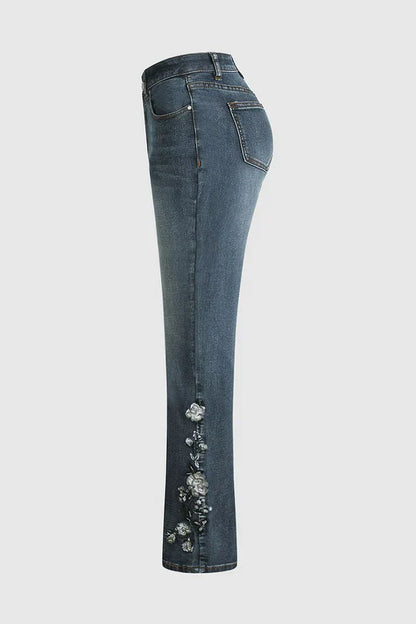 Norvielle Damen Jeans Mittel Taille Flamingo Bestickt Blau - Norvielle