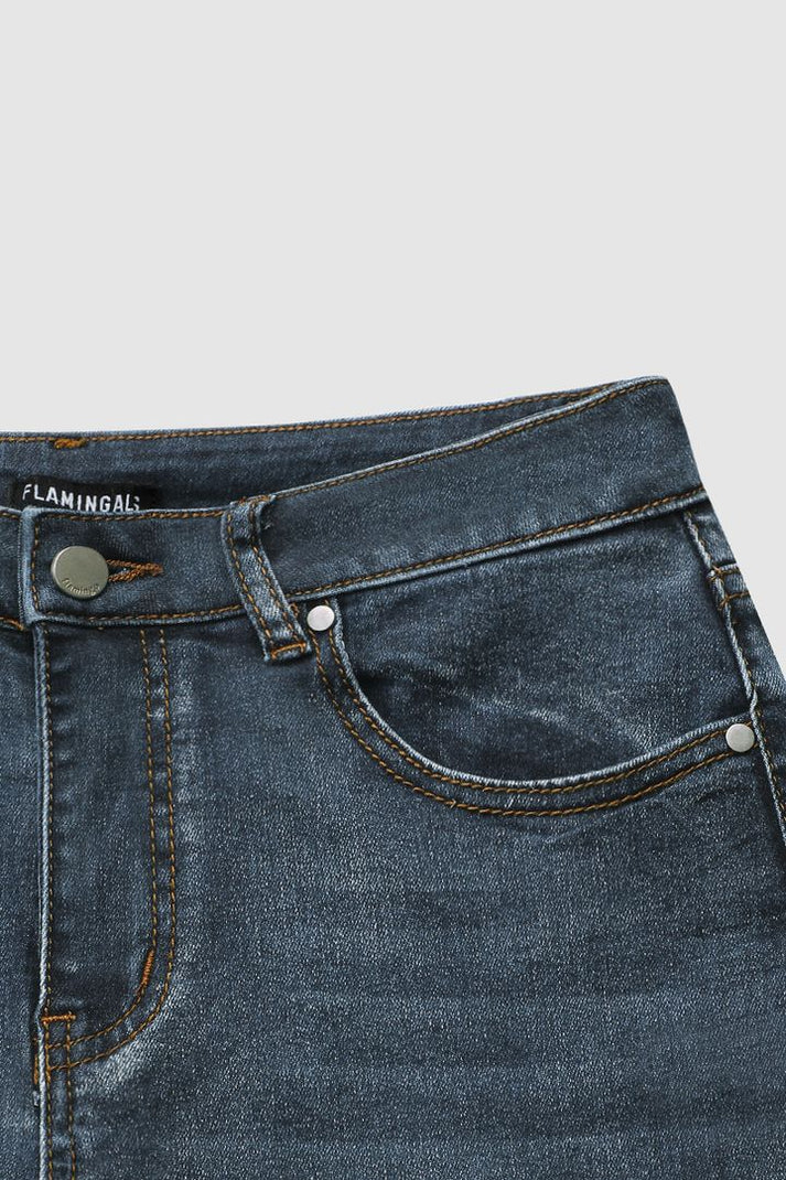 Norvielle Damen Jeans Mittel Taille Flamingo Bestickt