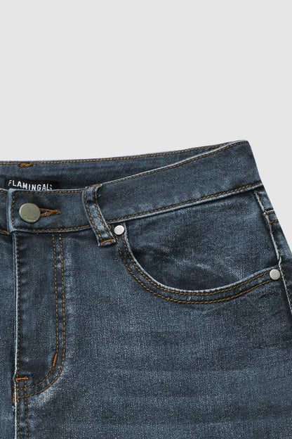 Norvielle Damen Jeans Mittel Taille Flamingo Bestickt