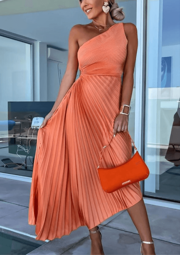 Damen Maxi-Kleid One-Shoulder Falten-Design