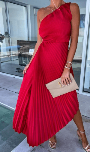 Damen Maxi-Kleid One-Shoulder Falten-Design - Norvielle