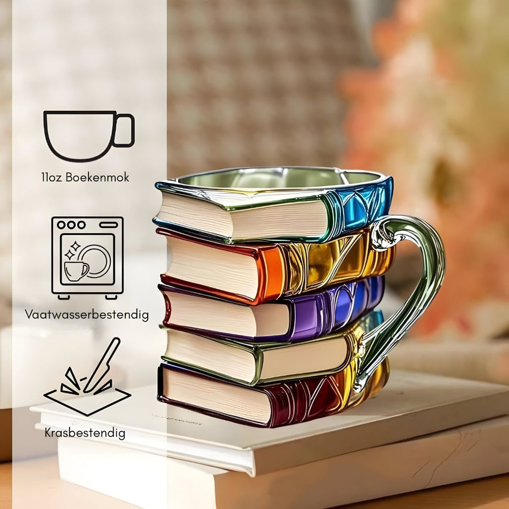 Bunter 3D Becher mit Buchdesign aus Resin