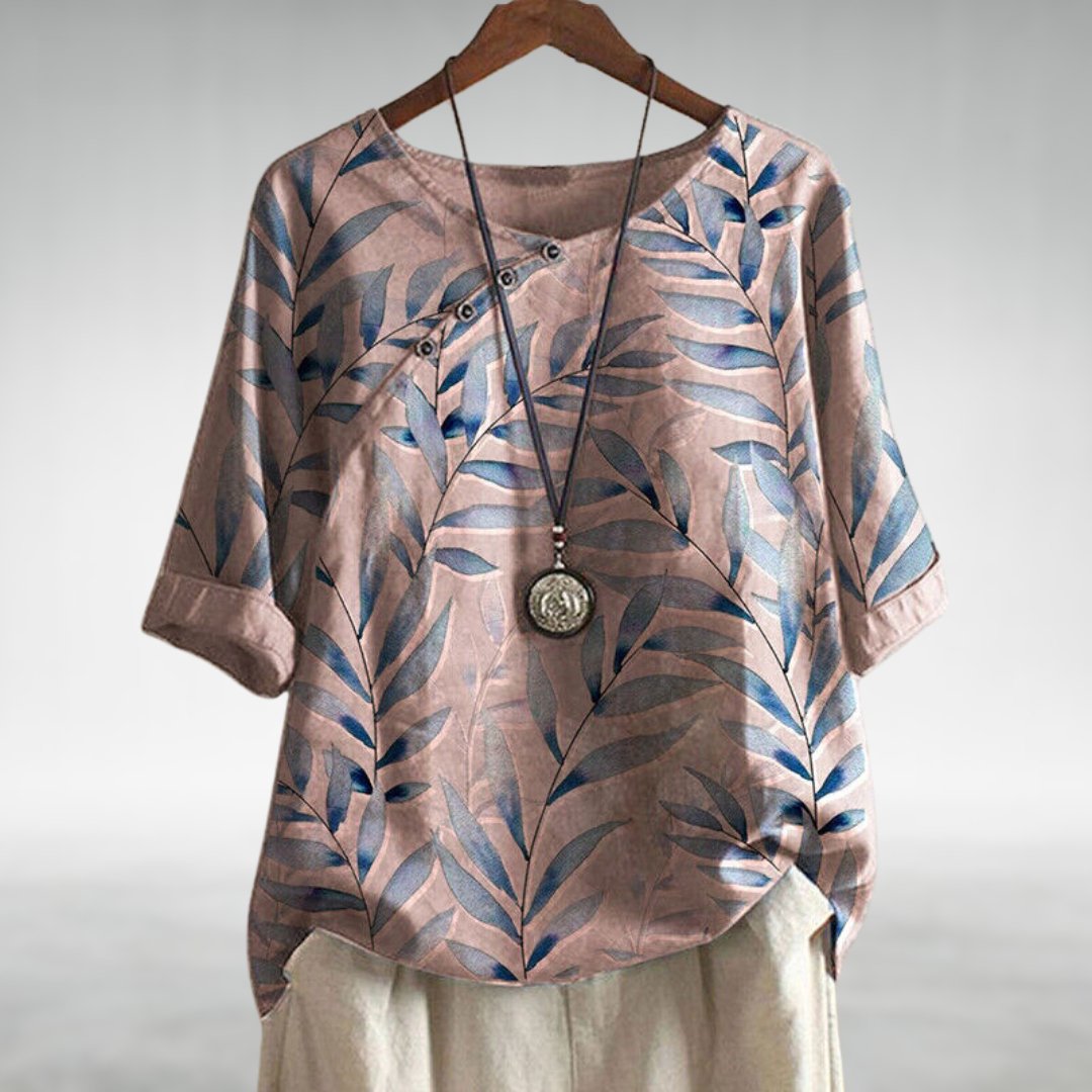 Damenbluse mit Blättermuster und Knöpfen