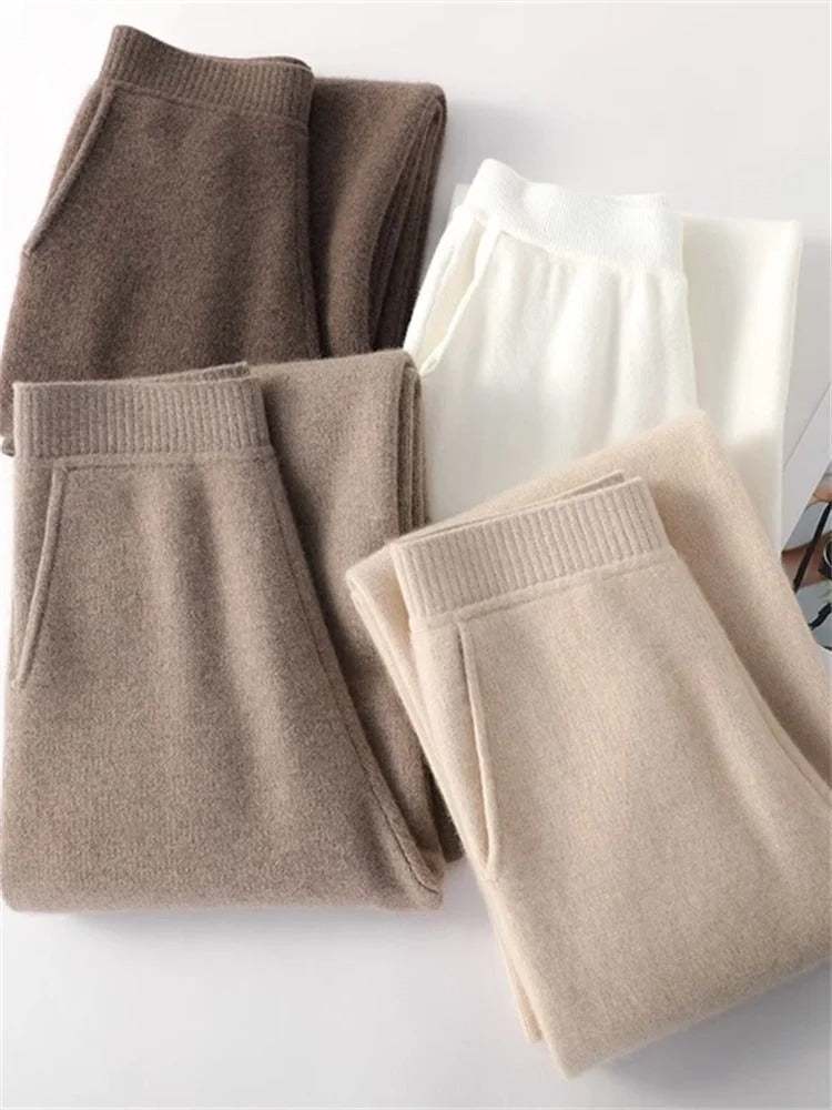 Damen Feinstrickhose Hochwerder Bund Weites Bein
