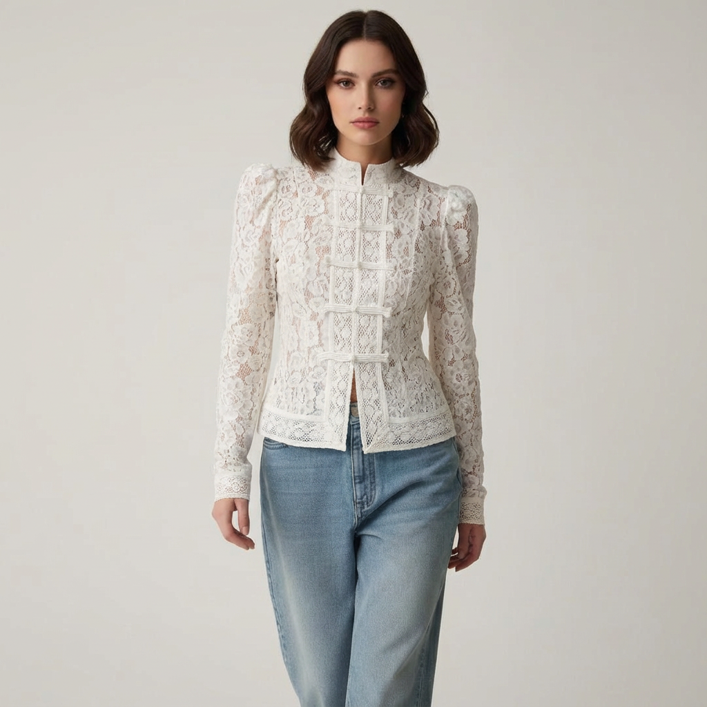 Damen Spitzenbluse Elegante Stehkragen Feminin Weiß